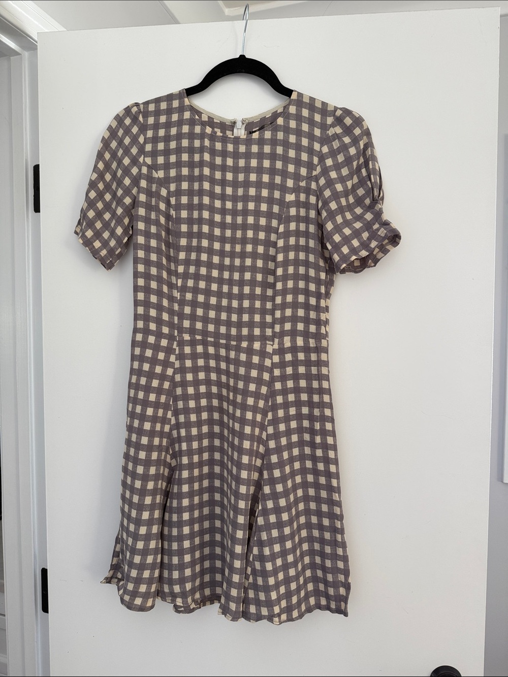 Reformation Taupe and Cream Gingham Short Sleeve Dress
